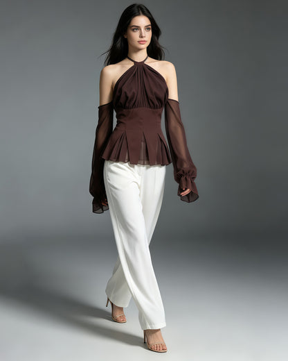 Brown Halter Off Shoulder Peplum Chiffon Top
