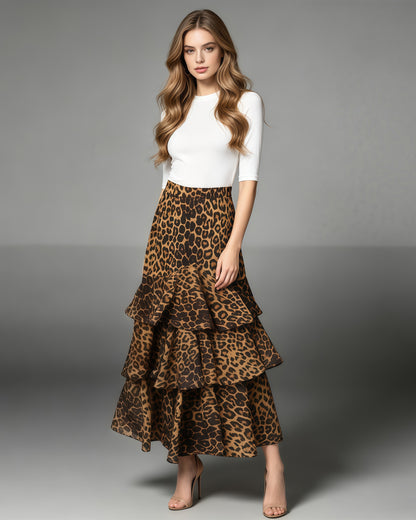 Brown Leopard Tiered Ruffle Hem Maxi Skirt
