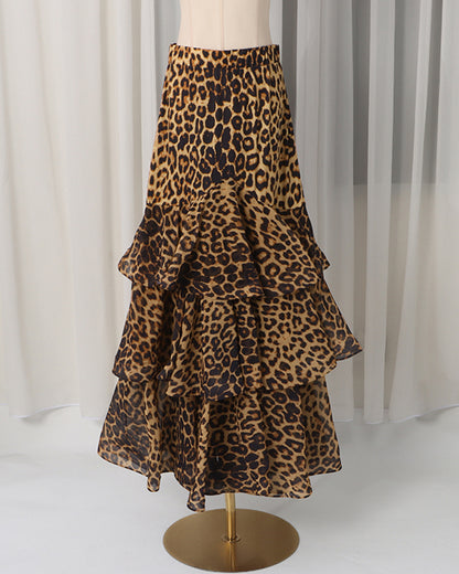 Brown Leopard Tiered Ruffle Hem Maxi Skirt