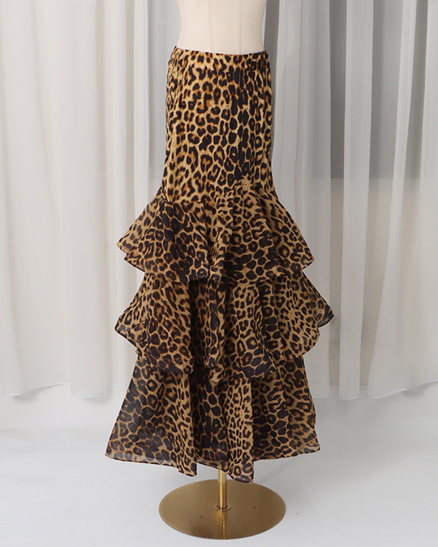 Brown Leopard Tiered Ruffle Hem Maxi Skirt