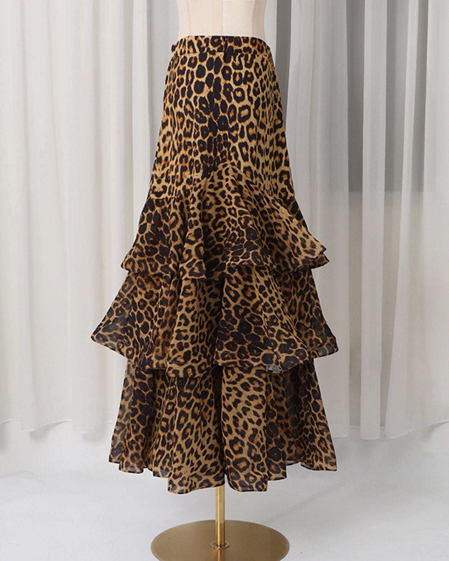 Brown Leopard Tiered Ruffle Hem Maxi Skirt