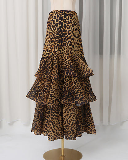 Brown Leopard Tiered Ruffle Hem Maxi Skirt