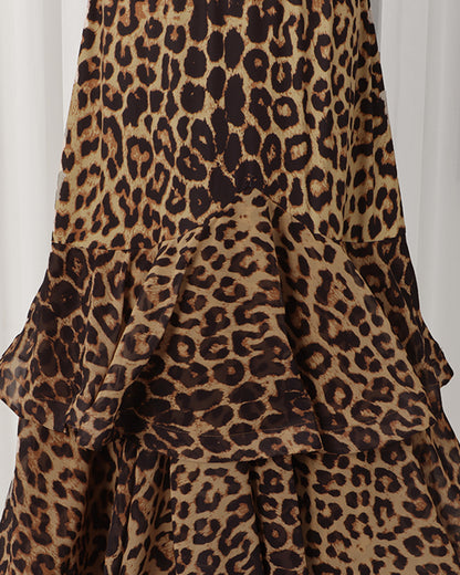 Brown Leopard Tiered Ruffle Hem Maxi Skirt