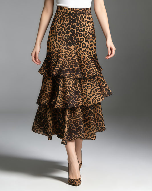 Brown Leopard Tiered Ruffle Hem Maxi Skirt