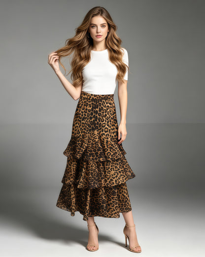 Brown Leopard Tiered Ruffle Hem Maxi Skirt