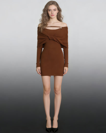 Brown Off-Shoulder Knit Bodycon Dress