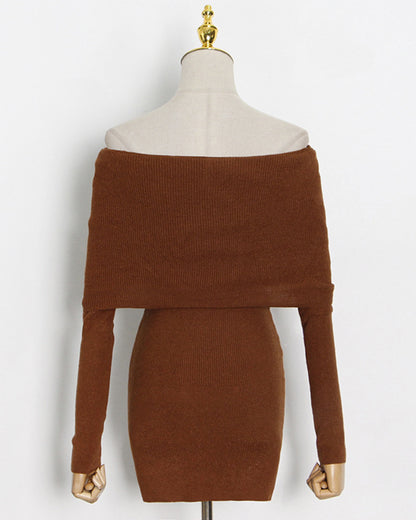 Brown Off-Shoulder Knit Bodycon Dress