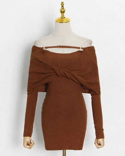 Brown Off-Shoulder Knit Bodycon Dress