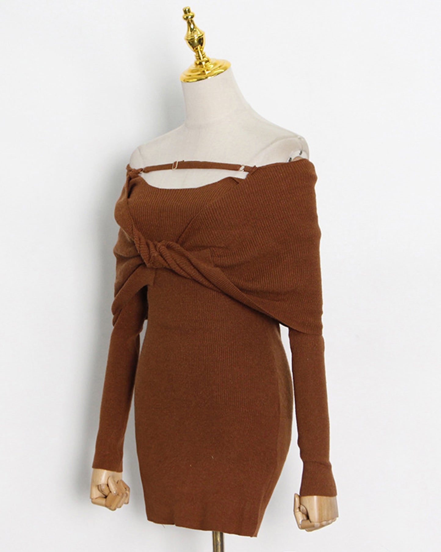 Brown Off-Shoulder Knit Bodycon Dress