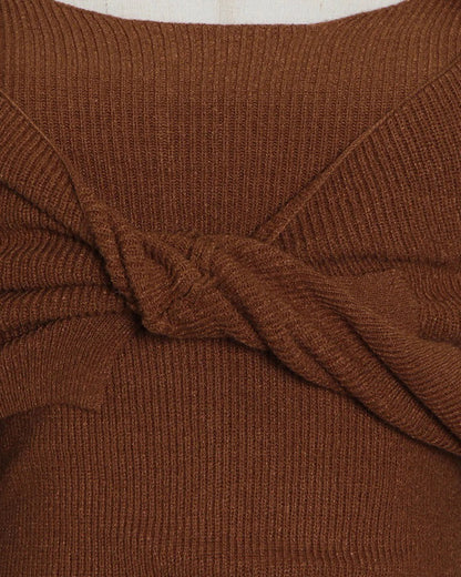 Brown Off-Shoulder Knit Bodycon Dress