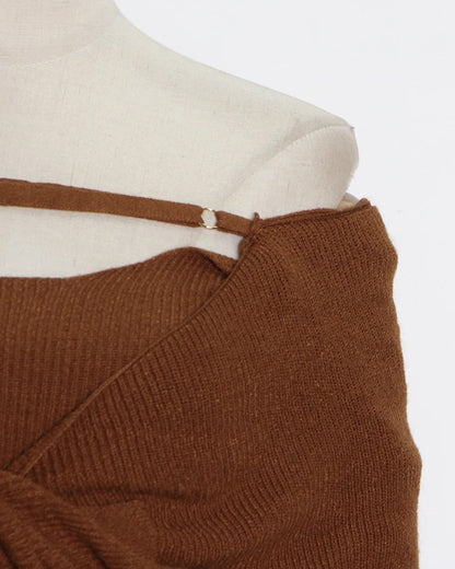 Brown Off-Shoulder Knit Bodycon Dress