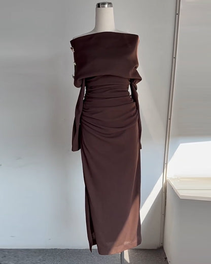 Brown Off-Shoulder Ruched Slit Maxi Dress