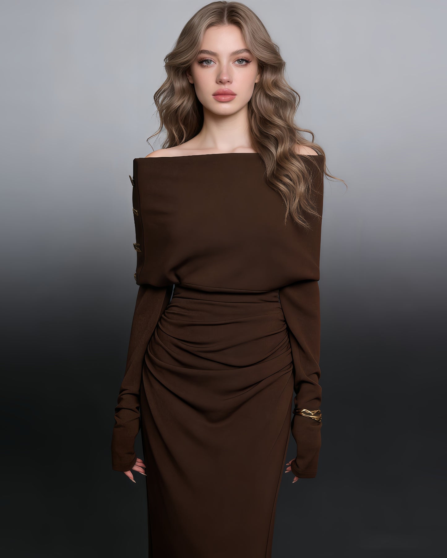 Brown Off-Shoulder Ruched Slit Maxi Dress