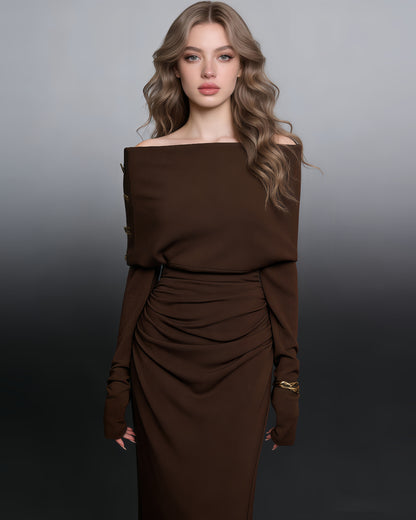 Brown Off-Shoulder Ruched Slit Maxi Dress