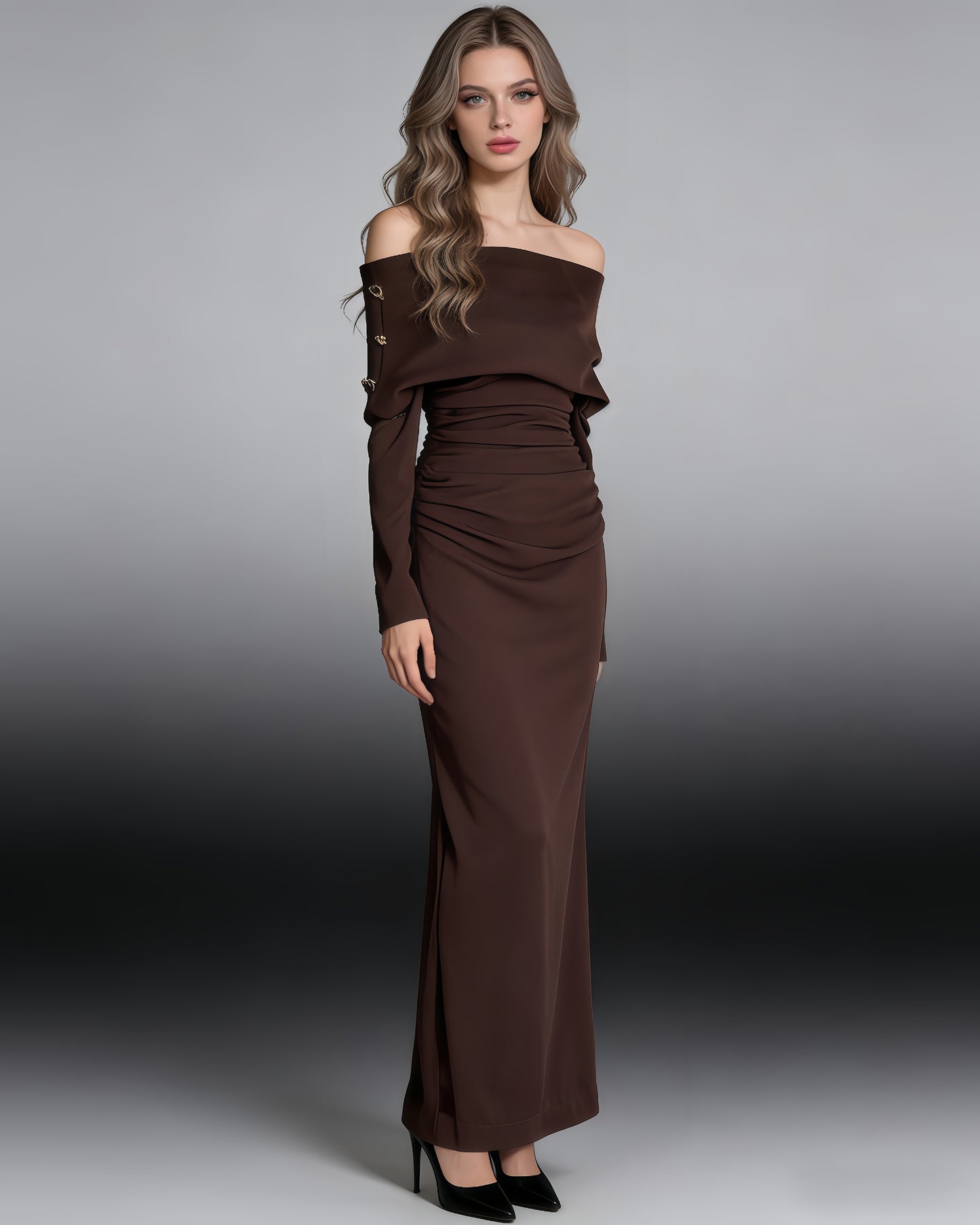Brown Off-Shoulder Ruched Slit Maxi Dress