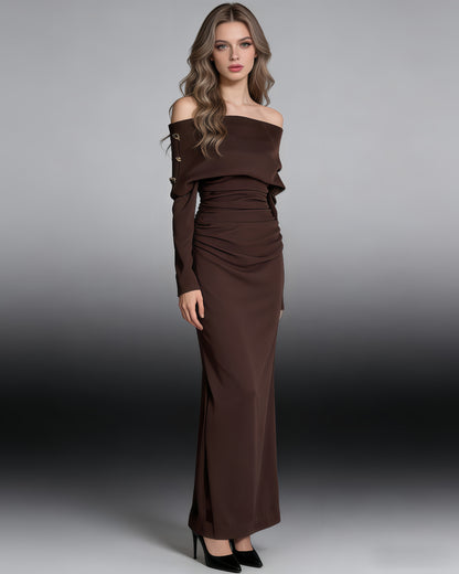 Brown Off-Shoulder Ruched Slit Maxi Dress