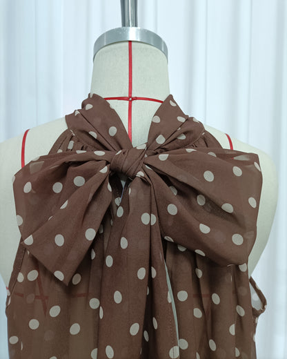 Coffee Polka Dot Halter Neck Sleeveless Blouse