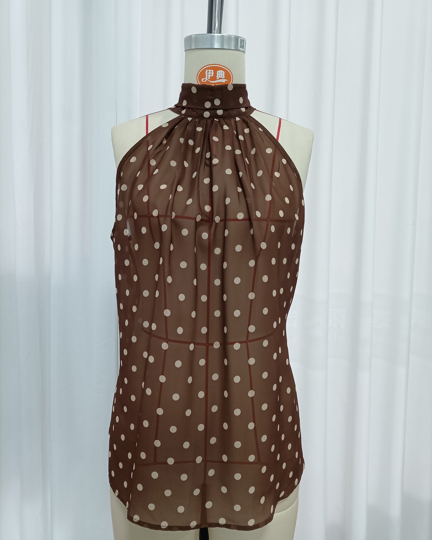 Coffee Polka Dot Halter Neck Sleeveless Blouse