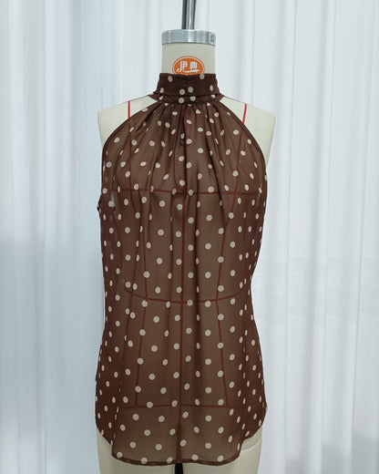 Coffee Polka Dot Halter Neck Sleeveless Blouse