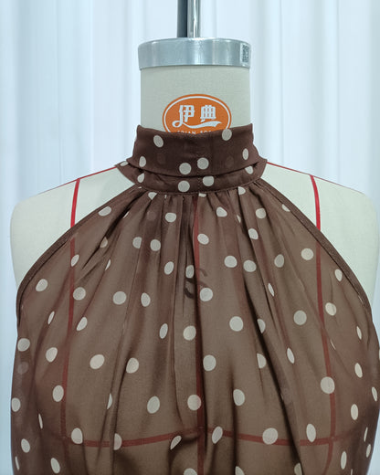 Coffee Polka Dot Halter Neck Sleeveless Blouse
