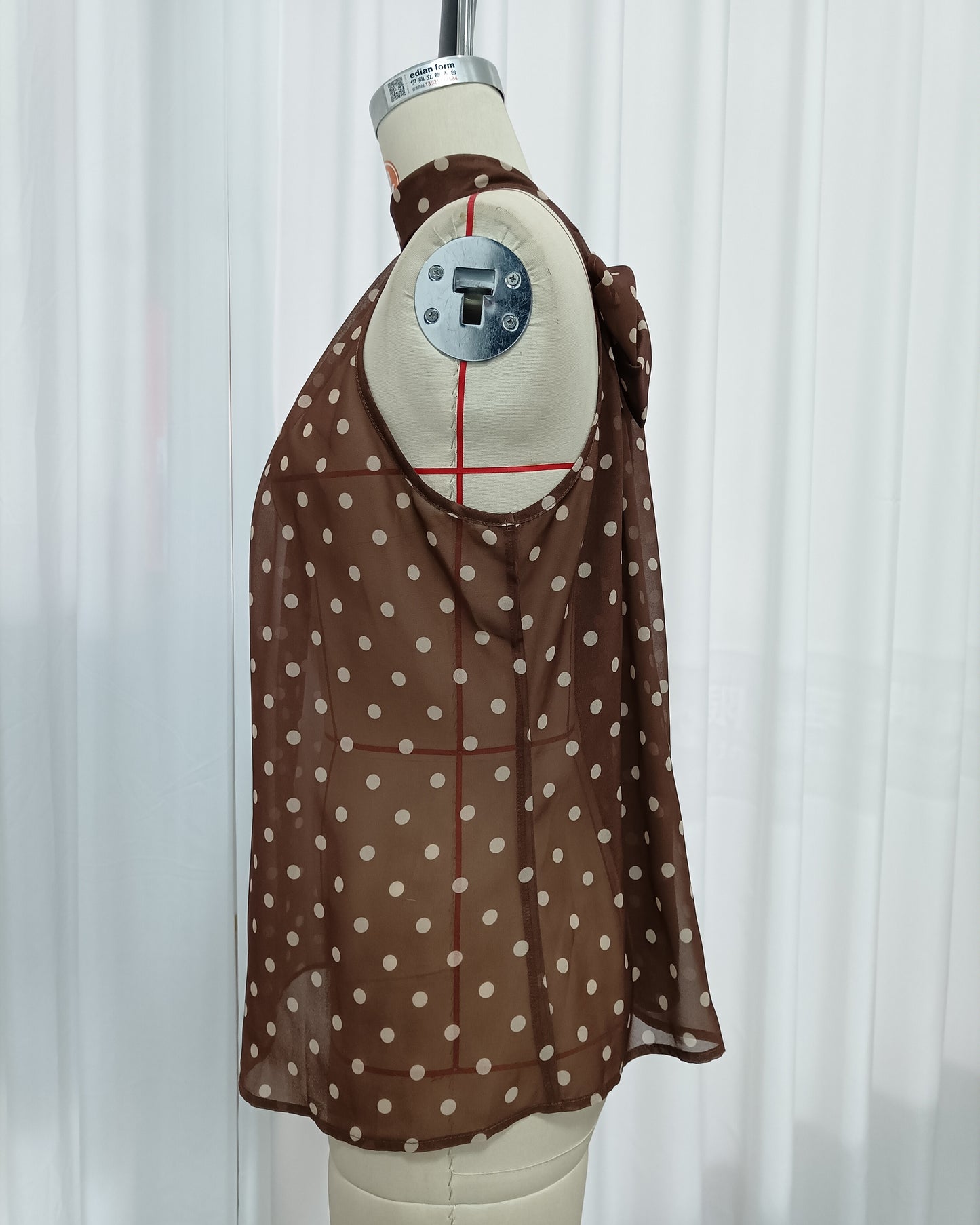 Coffee Polka Dot Halter Neck Sleeveless Blouse
