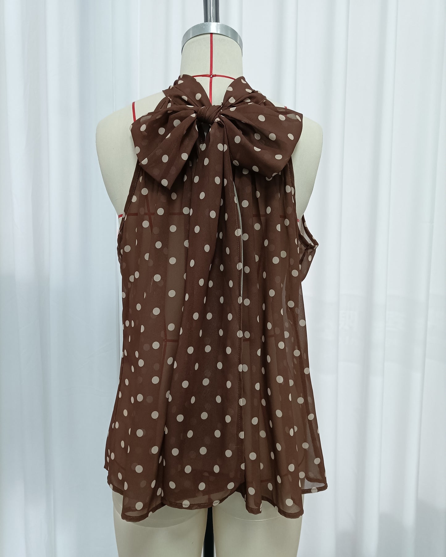 Coffee Polka Dot Halter Neck Sleeveless Blouse
