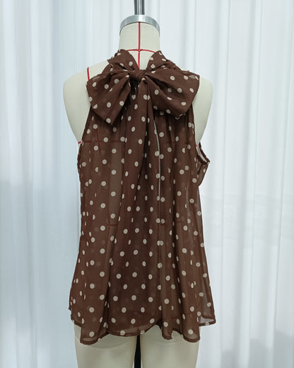 Coffee Polka Dot Halter Neck Sleeveless Blouse
