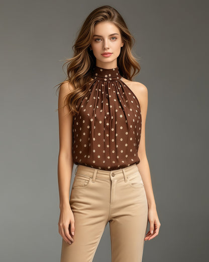 Coffee Polka Dot Halter Neck Sleeveless Blouse
