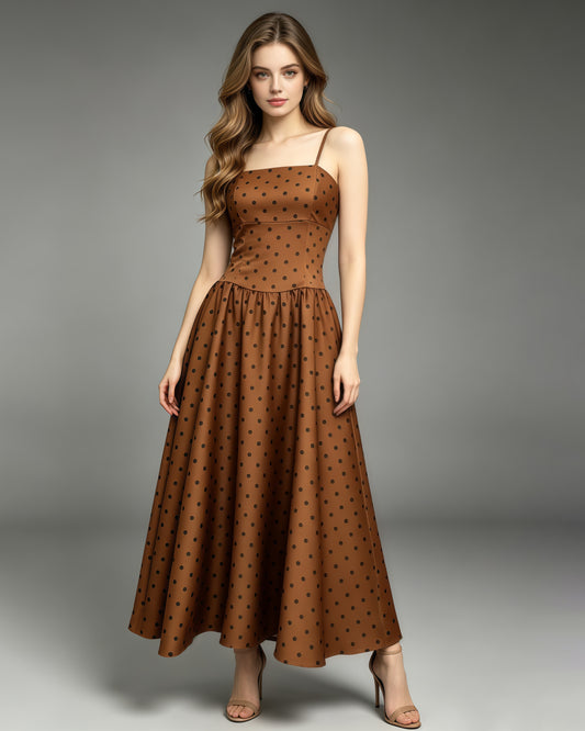 Brown Polka Dot Spaghetti Strap A-line Midi Dress