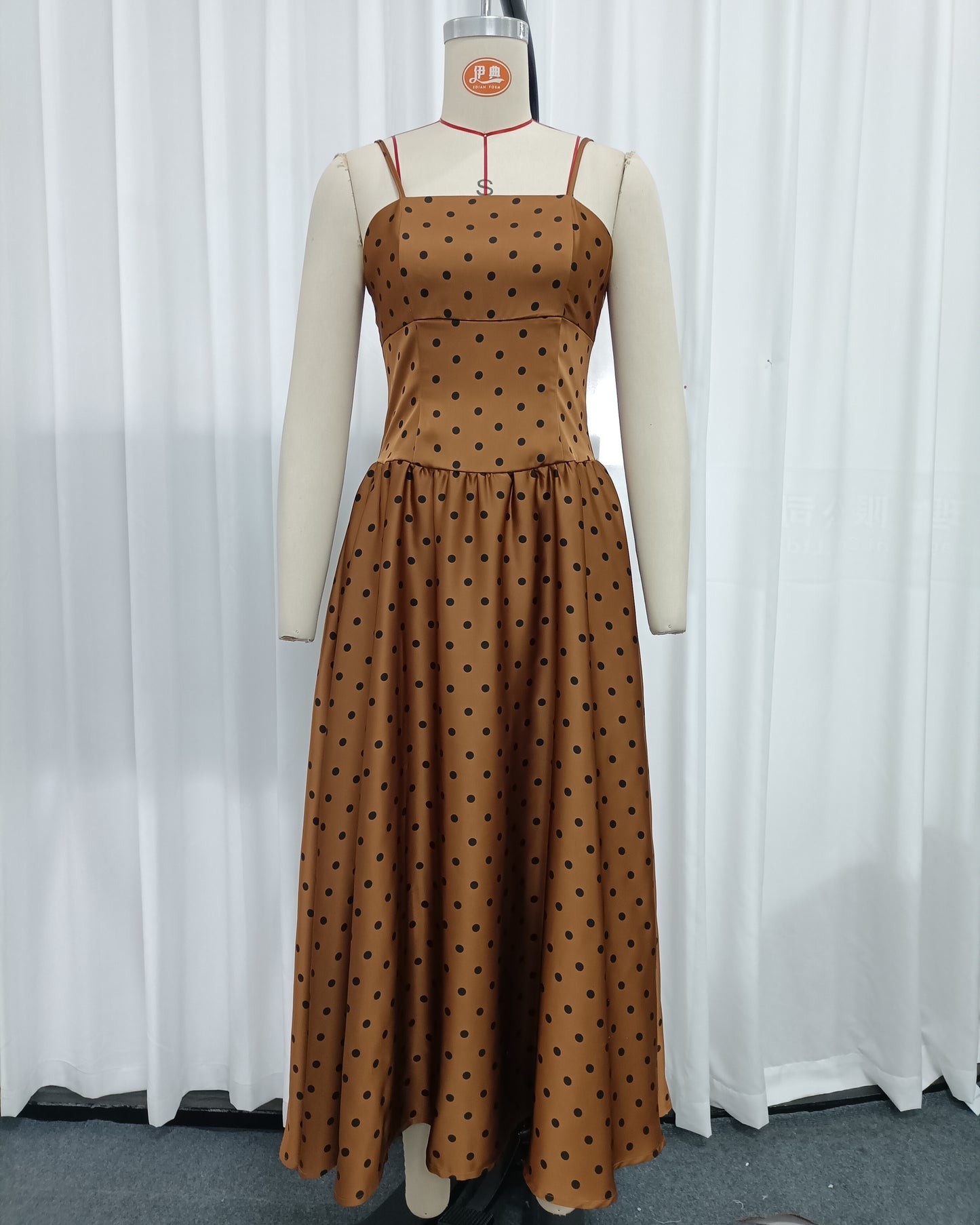 Brown Polka Dot Spaghetti Strap A-line Midi Dress
