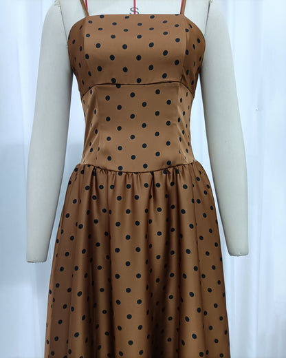 Brown Polka Dot Spaghetti Strap A-line Midi Dress