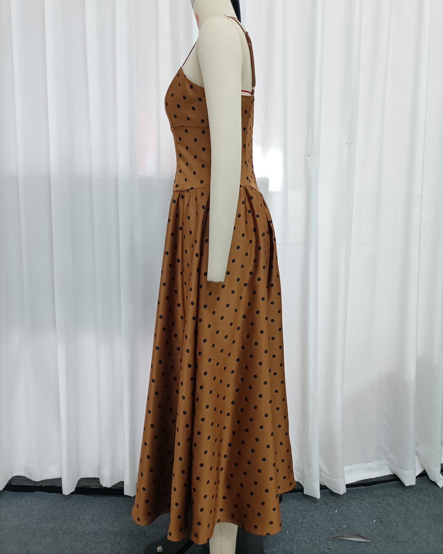 Brown Polka Dot Spaghetti Strap A-line Midi Dress