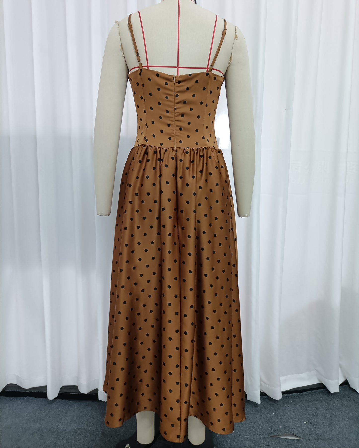 Brown Polka Dot Spaghetti Strap A-line Midi Dress