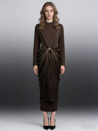 Brown Ruched Fitted Midi Dress