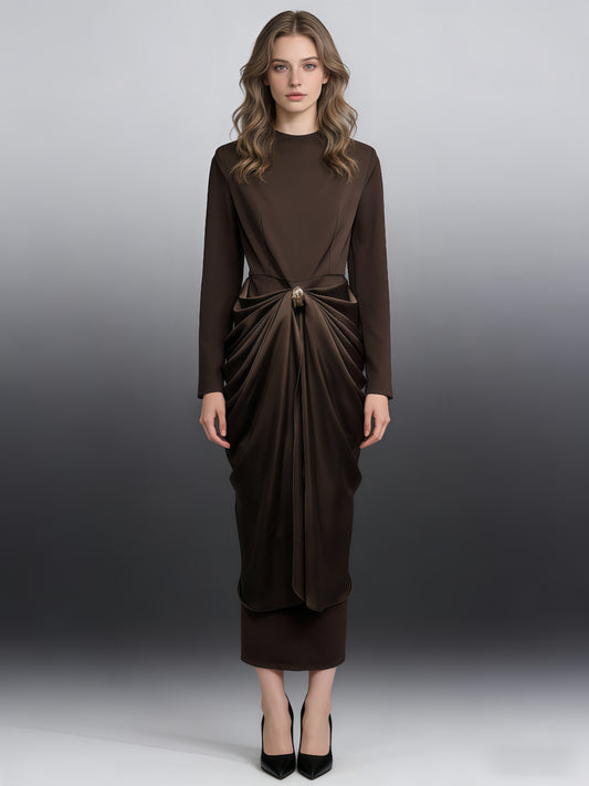 Brown Ruched Fitted Midi Dress