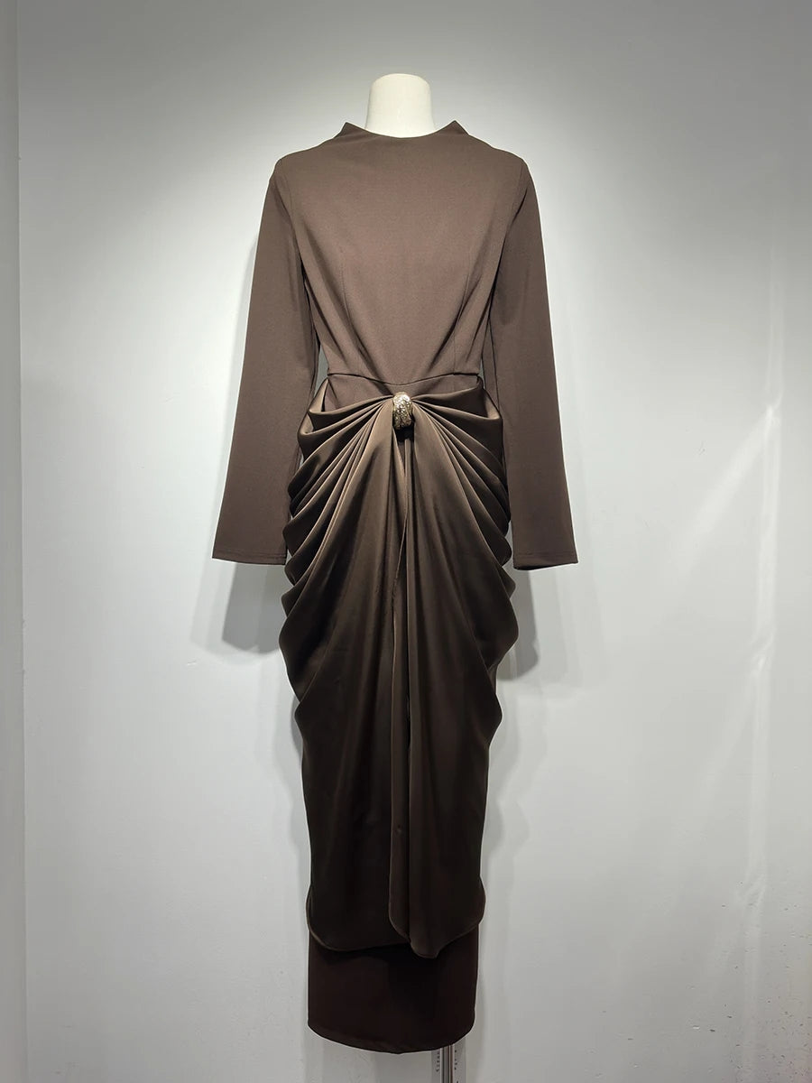 Brown Ruched Fitted Midi Dress