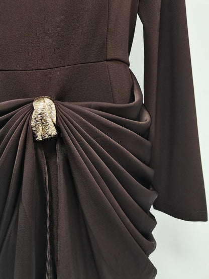 Brown Ruched Fitted Midi Dress