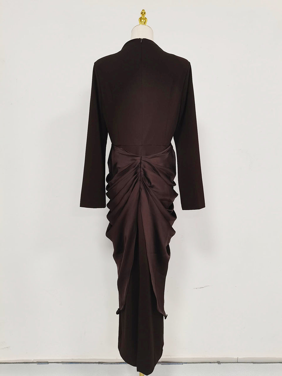 Brown Ruched Fitted Midi Dress