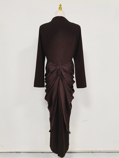 Brown Ruched Fitted Midi Dress