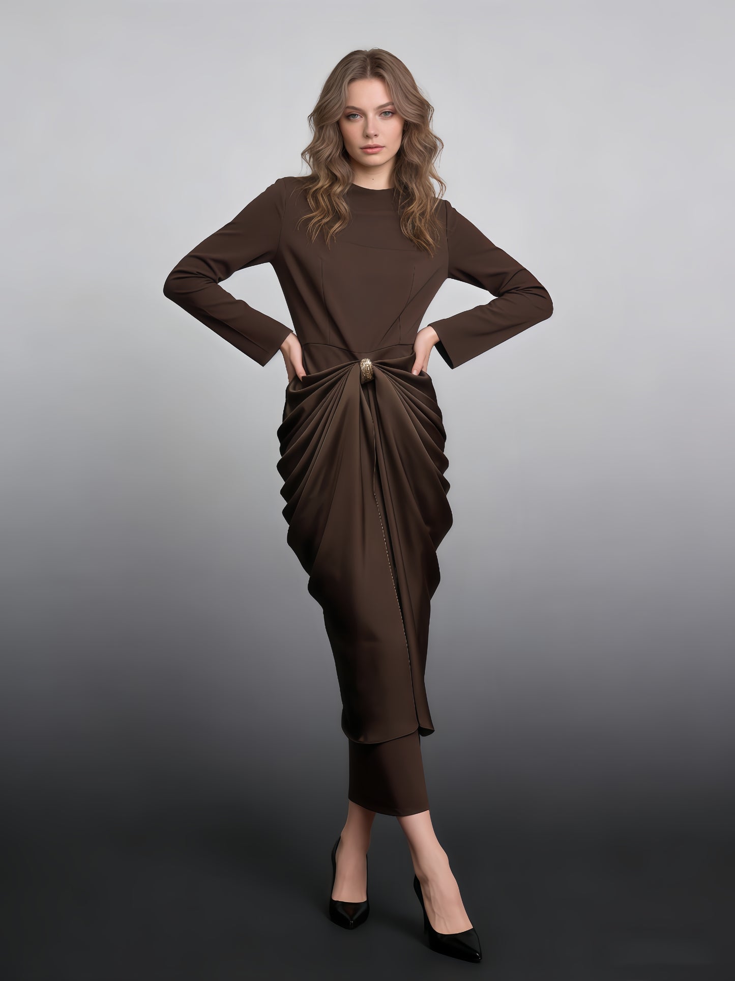 Brown Ruched Fitted Midi Dress