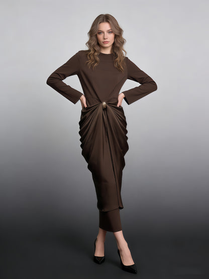 Brown Ruched Fitted Midi Dress