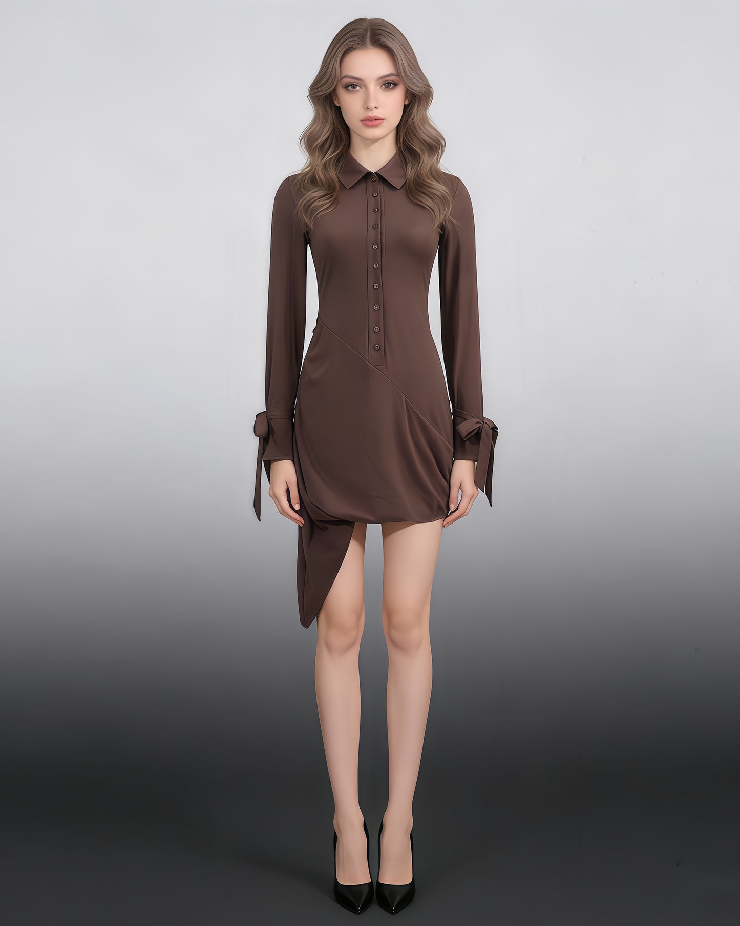 Brown Ruched Shirt Mini Dress