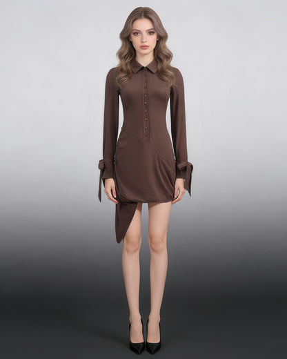 Brown Ruched Shirt Mini Dress