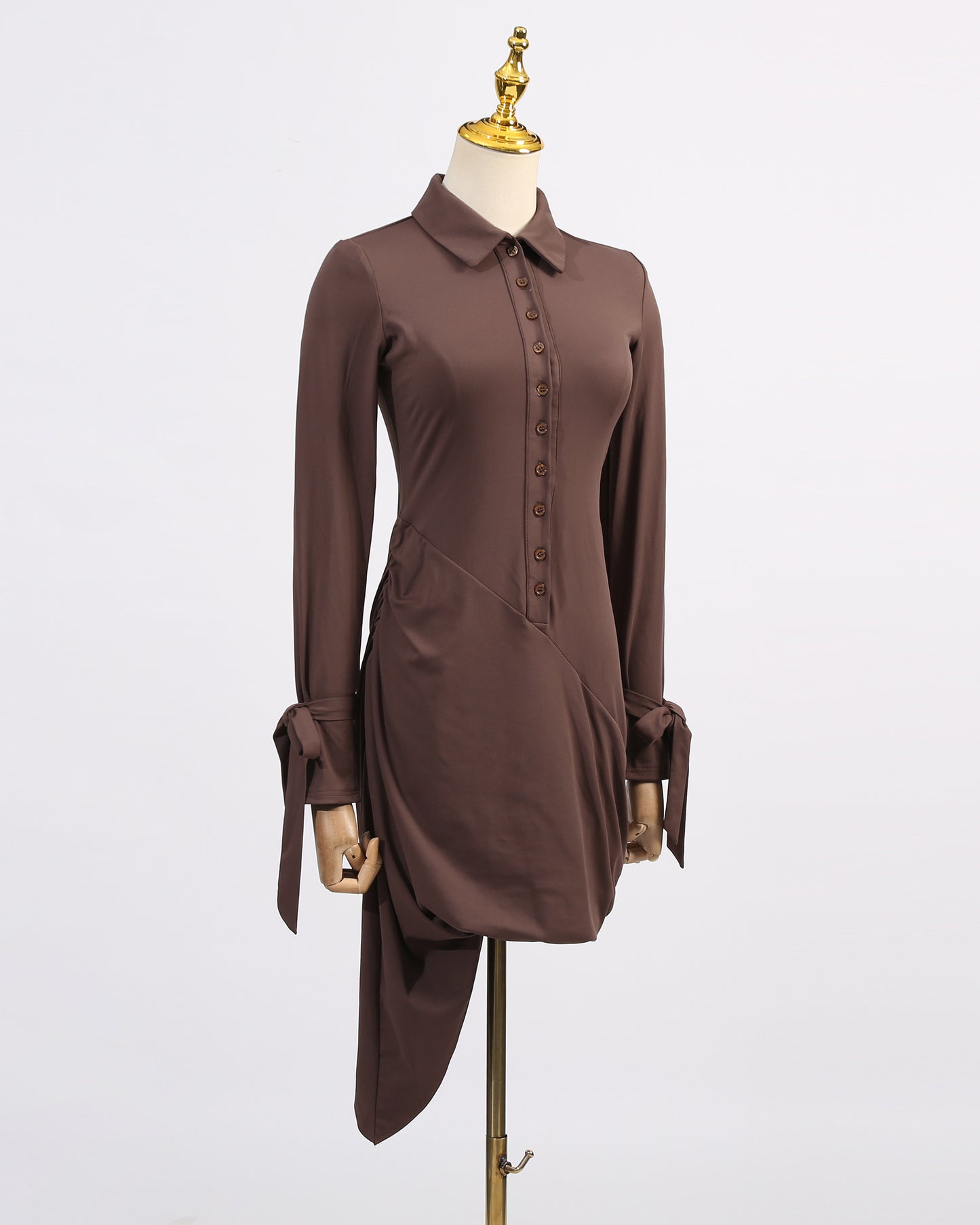 Brown Ruched Shirt Mini Dress