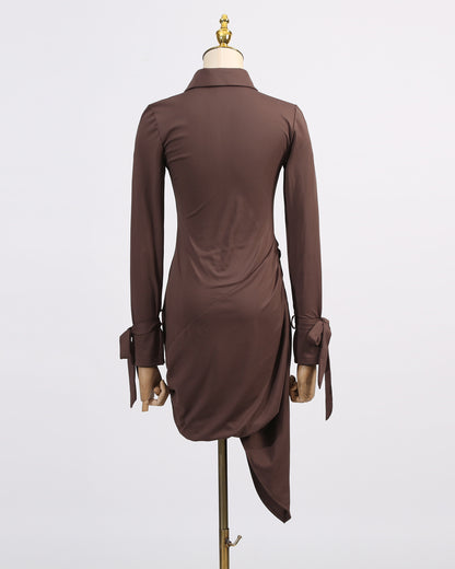 Brown Ruched Shirt Mini Dress