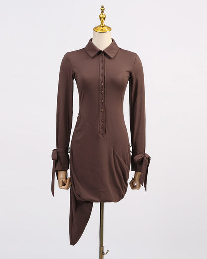 Brown Ruched Shirt Mini Dress