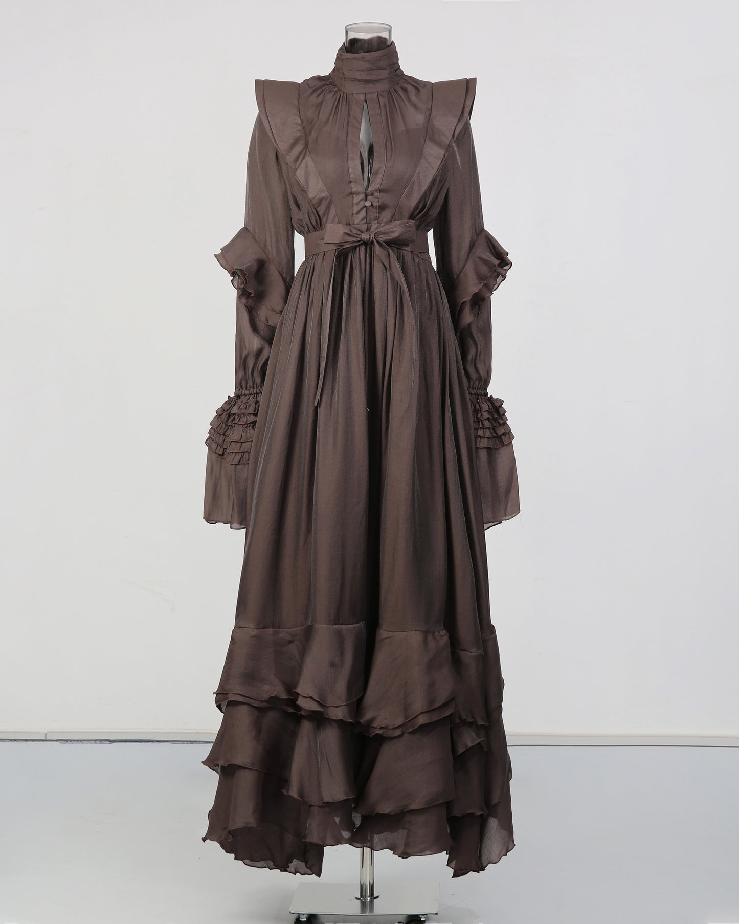 Brown Ruffled Maxi Dress with Bow Belt