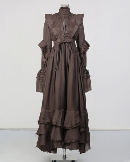 Brown Ruffled Maxi Dress with Bow Belt