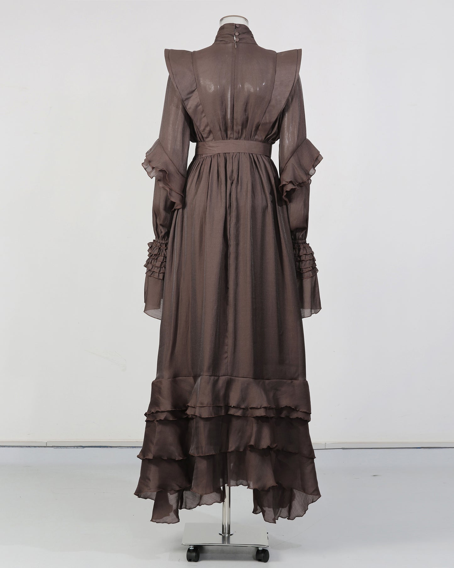 Brown Ruffled Maxi Dress with Bow Belt