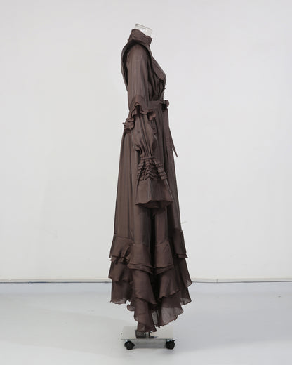 Brown Ruffled Maxi Dress with Bow Belt